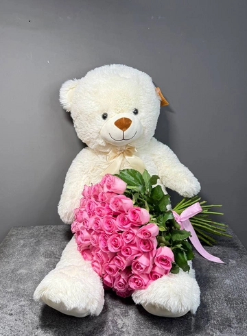 Мишка и 55 роз от интернет-магазина цветов в 